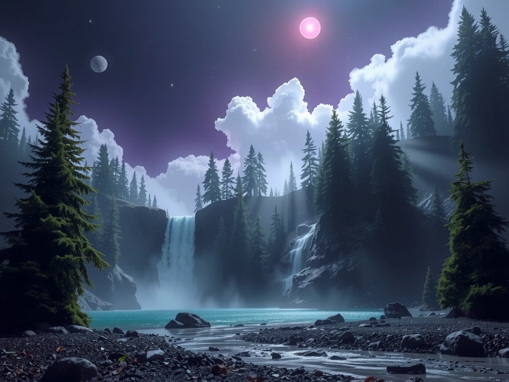 Peisaj mistic cu o pădure străveche, o cascadă cristalină și lumini eterice